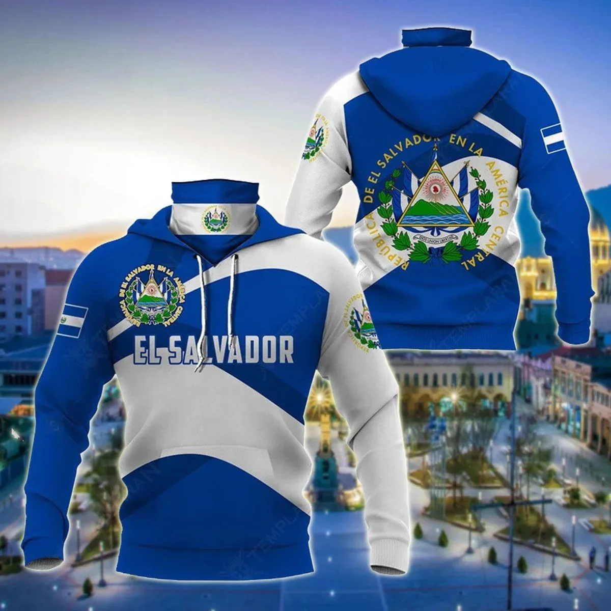 El Salvador escudo de armas 3D impreso hombres adultos cuello polaina Sudadera con capucha invierno Unisex Casual cálido grueso Sudadera con capucha con máscara ZZ04 - imagen 3