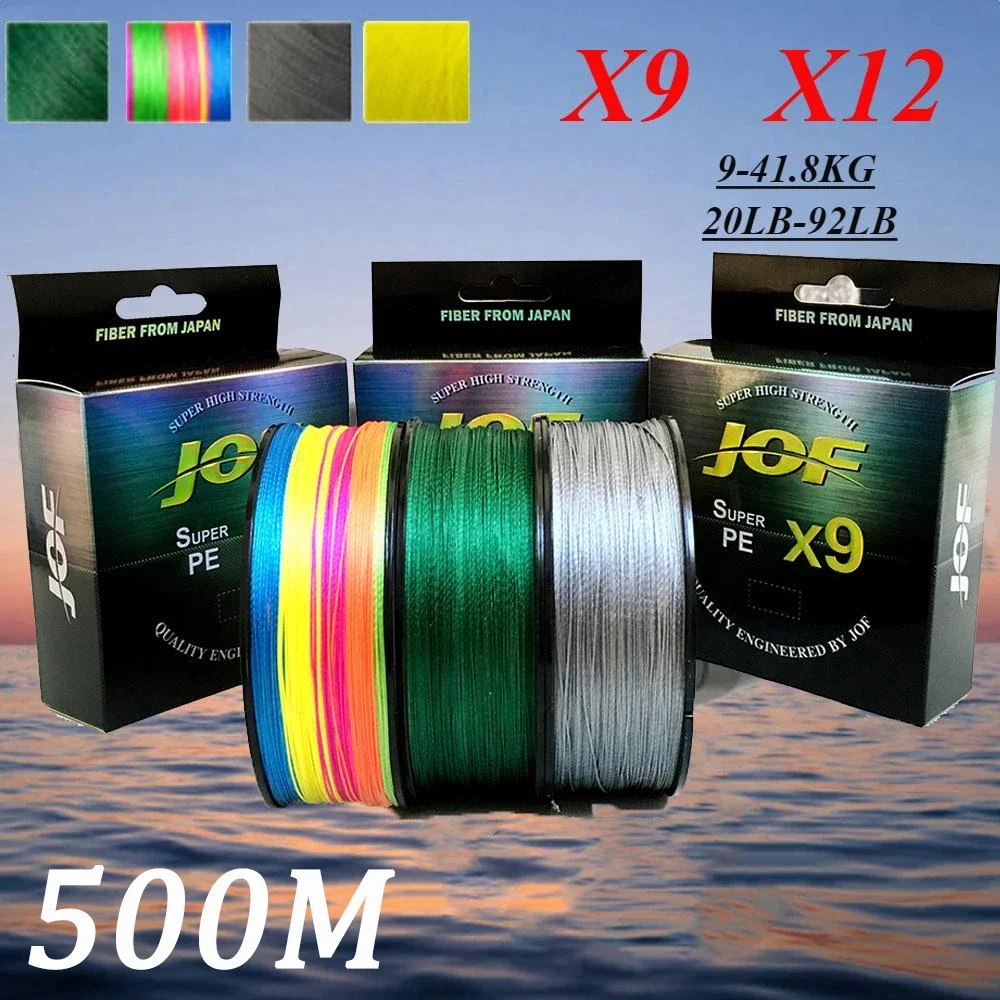 Línea de pesca trenzada JOF X12/X9, 9 hebras, 12 hebras, líneas de pesca multicolores de PE, trenza de 500m de fuerte resistencia, línea de pesca de 20LB-92LB