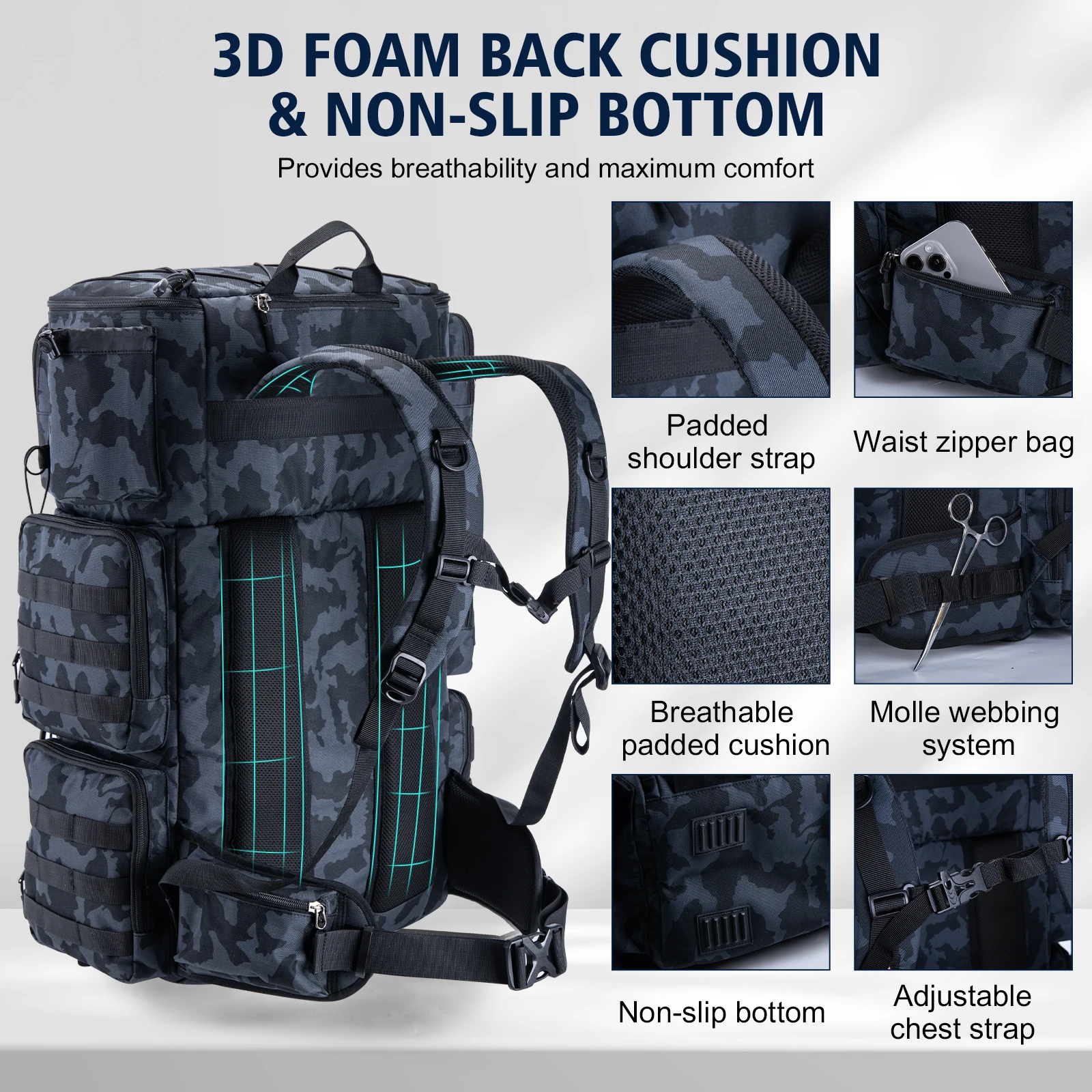 Mochila de pesca Goture con refrigerador, bolsa grande de aparejos 600D de 72L con soportes para varillas, compartimento dividido seco y húmedo para viajes y acampadas - imagen 5