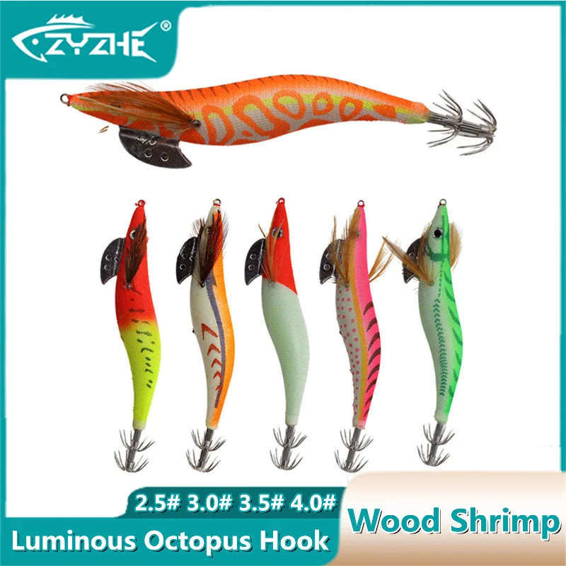 Cebo para Calamar ZYZHE 2.5 #   3.0 #   3.5 #   4.0 #   Señuelos de Pesca Luminosos con Forma de Pulpo, Señuelos de Madera para Camarones, Simulación de Pesca Marina, Jigs, Aparejos de Pesca