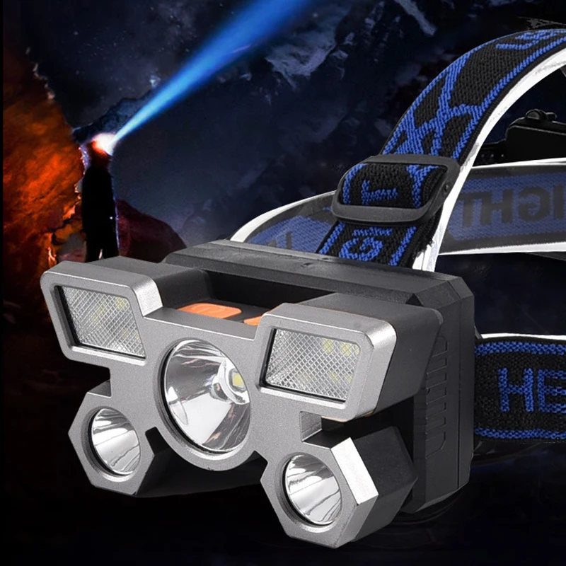 Faro Led de cinco cabezales, luz fuerte, superbrillante, lámpara de pesca recargable por USB, linterna de mina montada en la cabeza de largo alcance - imagen 5
