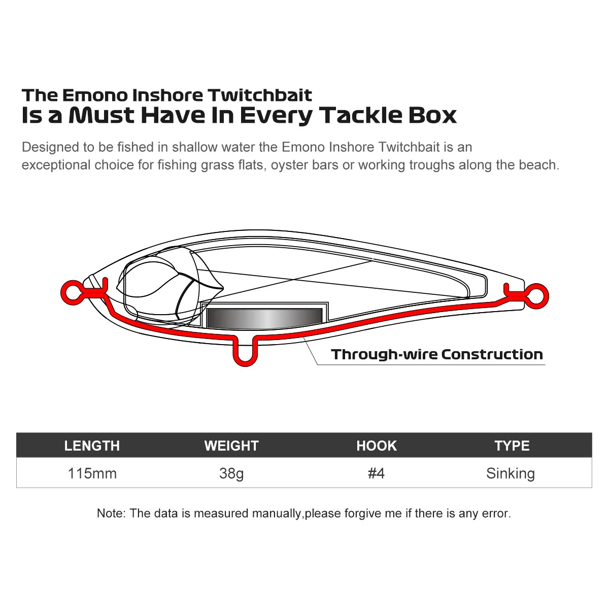 Noeby-señuelo de pesca Twitchbait costero, 115mm, 38g, lápiz que se hunde, Jerk Wobbler, 3 ganchos, cebo duro Artificial, señuelo de pesca de agua salada - imagen 3