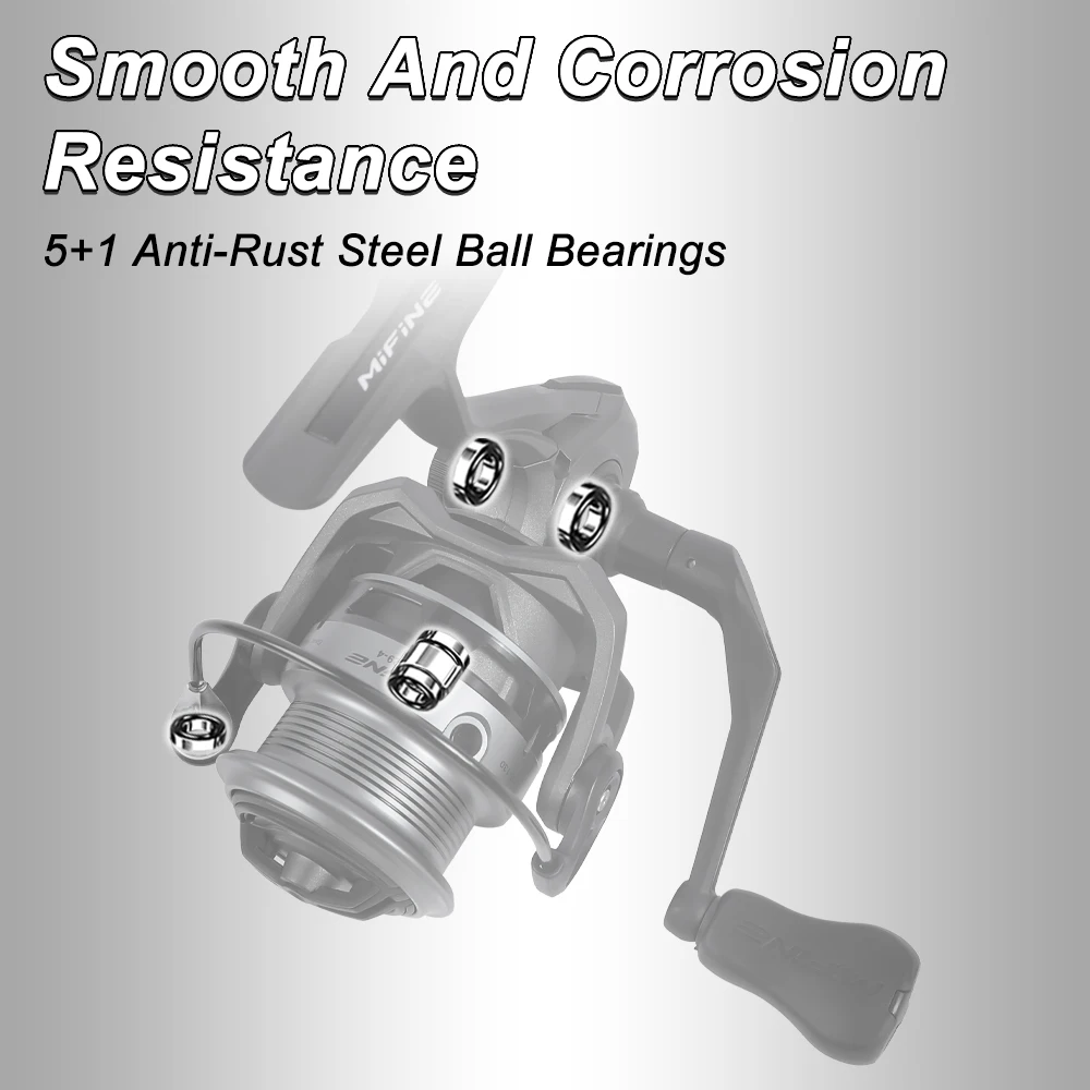 Carretes de pesca giratorios inspirados MIFINE relación de engranaje ultraligera 5,1: 1 5 + 1BB arrastre máximo 8KG trucha de calamar, accesorios de pesca de perca de lubina - imagen 5