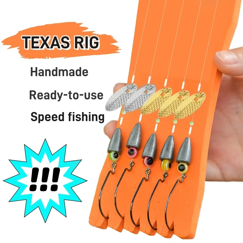 Conjunto de plataforma Texas de pescador Lazy Man: 5 anzuelos de gusano con pesas de plomo y purpurina metálica, preatados para una fácil experiencia de pesca - imagen 2