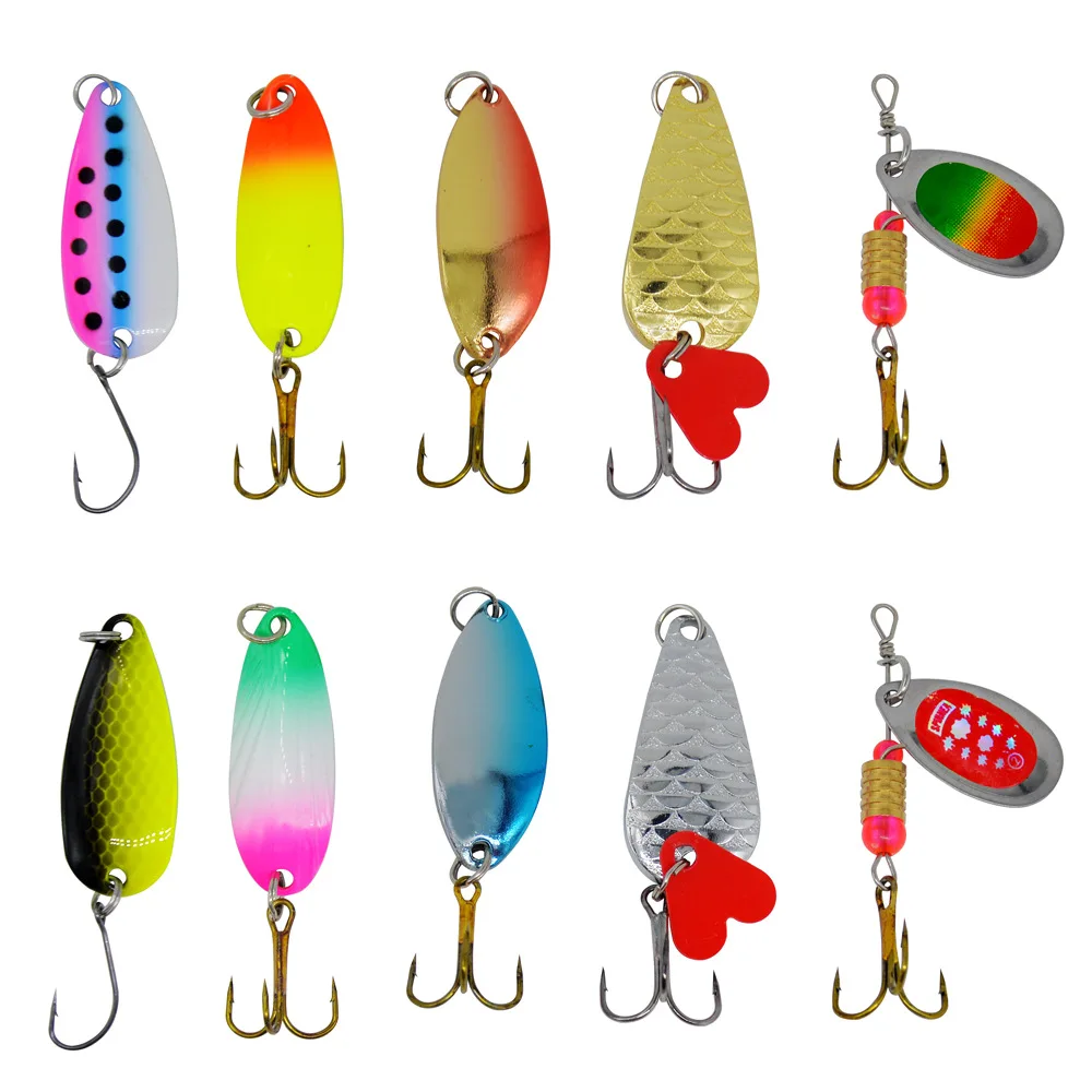 Kit de Señuelos de Pesca, cucharas coloridas, lentejuelas de rotación, señuelos artificiales, cebo giratorio, plantillas de Metal, lote de 10 piezas en oferta
