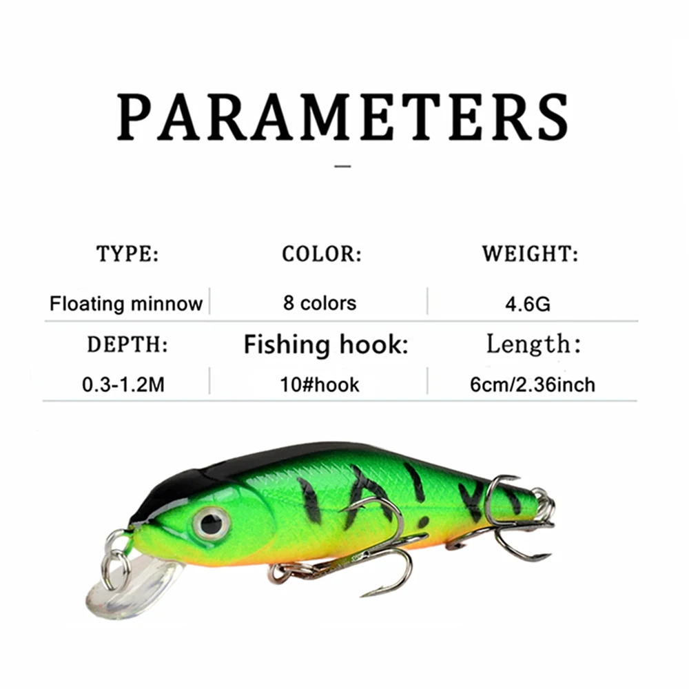 1 Uds señuelo de pesca Minnow 6cm 4,6g cebo Artificial duro flotante Crankbait Wobblers ojos 3D lubina Lucio carpa aparejos de pesca - imagen 3