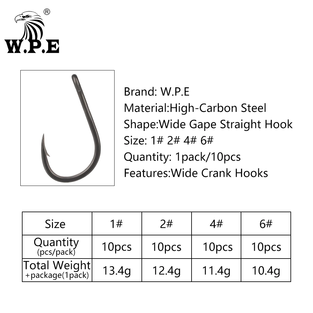 W.P.E 10 unidades/paquete 1/2/4/6 #   Anzuelo de pesca de carpa, anzuelo de pesca de acero rico en carbono, anzuelo de pesca con manivela ancha y púas, aparejos de pesca - imagen 2