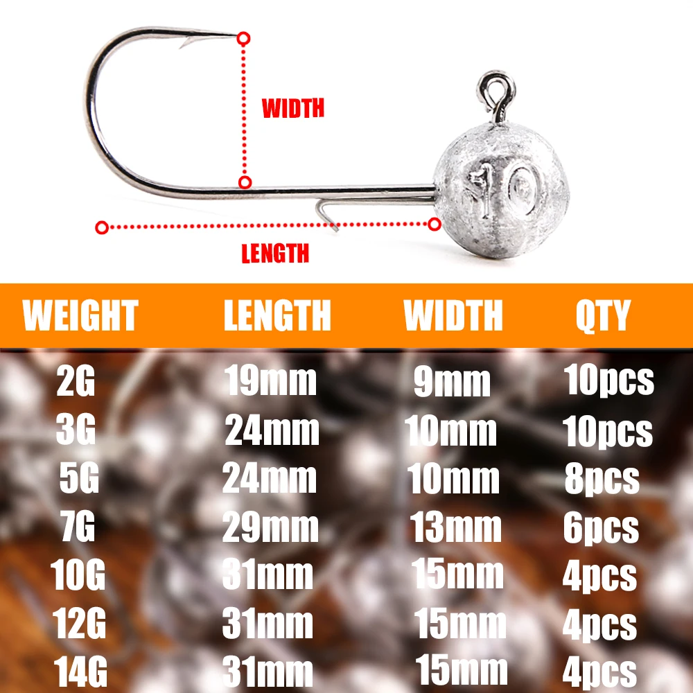 Anzuelo de cabeza B & U NED de 2g-14g, anzuelo de cabeza de plantilla de bola redonda de todos los tamaños, anzuelos secundarios de vástago largo sin malezas para pesca de gusanos blandos - imagen 2