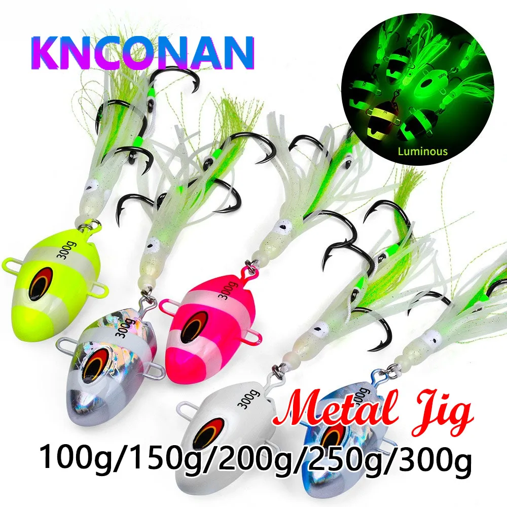 Señuelo de pesca con plantilla, pesas de 100g-300g, cabeza de cebo que se hunde de Metal, cebo con faldas de goma, anzuelo doble, aparejos luminosos de Jigging, 1 ud.