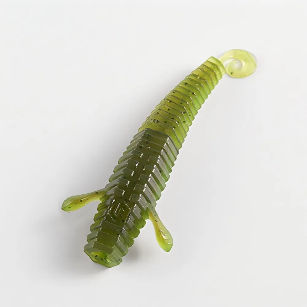 un señuelo de pesca segmentado verde diseñado para captar peces