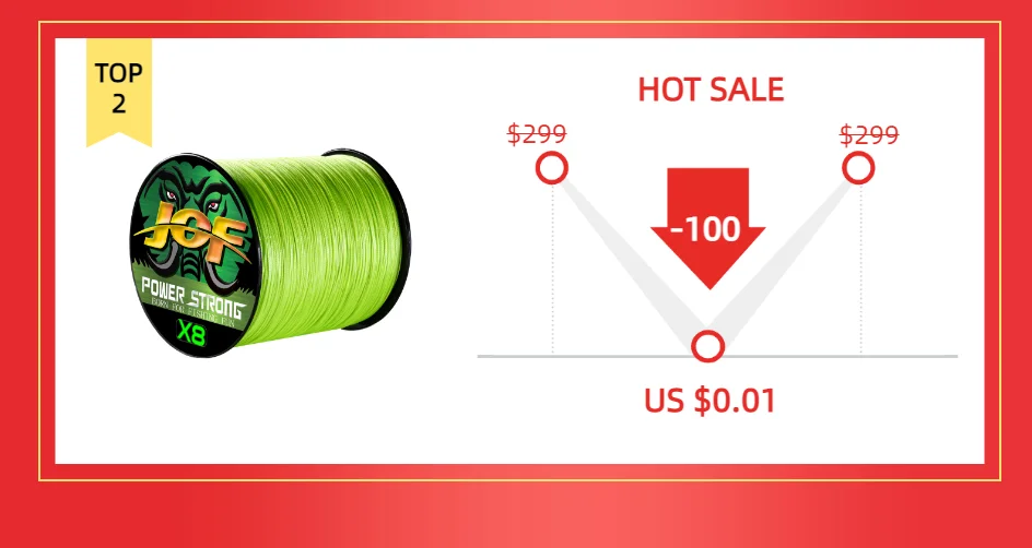 Un producto que parece ser un carrete de hilo de pescar. El carrete tiene la etiqueta Joe Power Strong X8 y está coloreado en tonos de verde y negro. Hay una etiqueta de precio que indica que el producto está en oferta por $0
