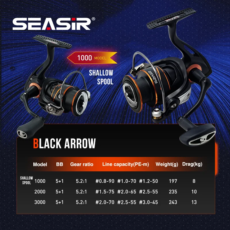 SEASIR Flecha Negra - Carrete de spinning con arrastre suave