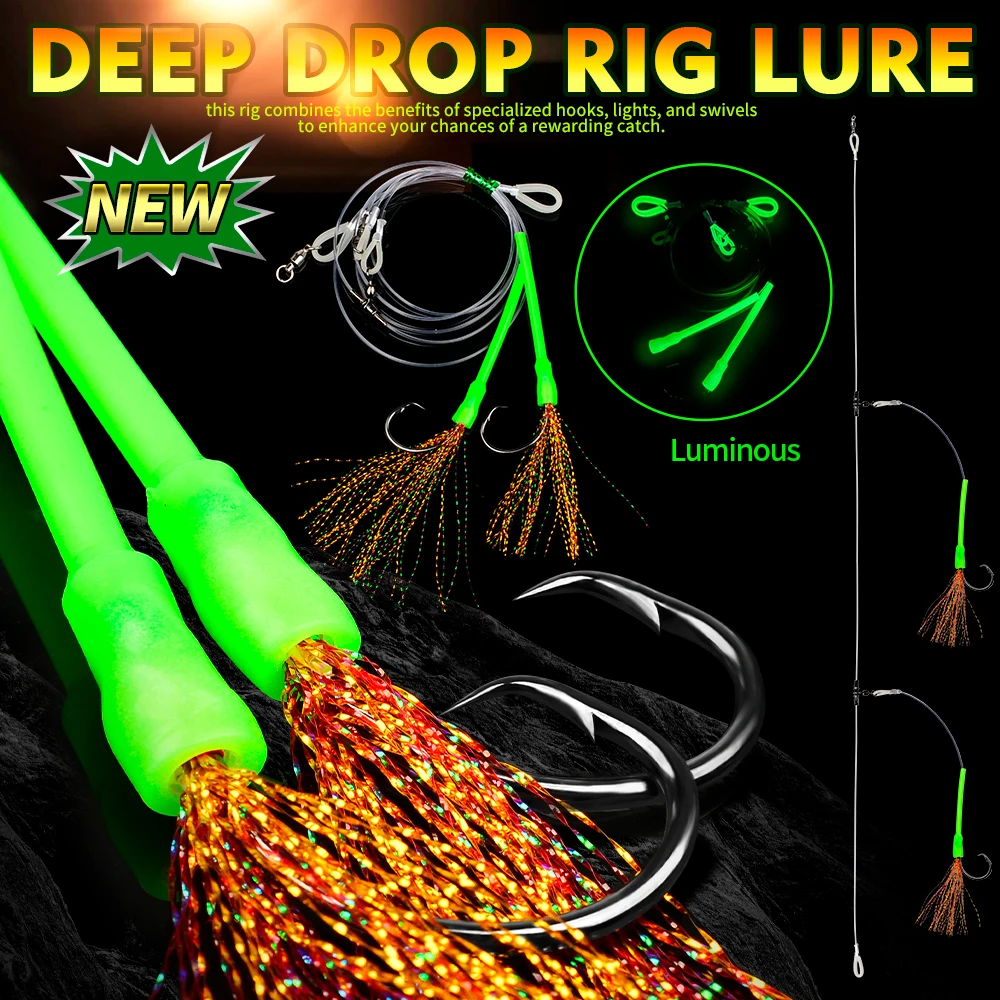 Proberos 2 piezas luminosas atadas a mano aguas profundas Hapuka Groper Cod Rig, Flasher Sabiki Rig con gancho circular de atún 1/0 3/0 5/0 7/0 10/0, - imagen 2