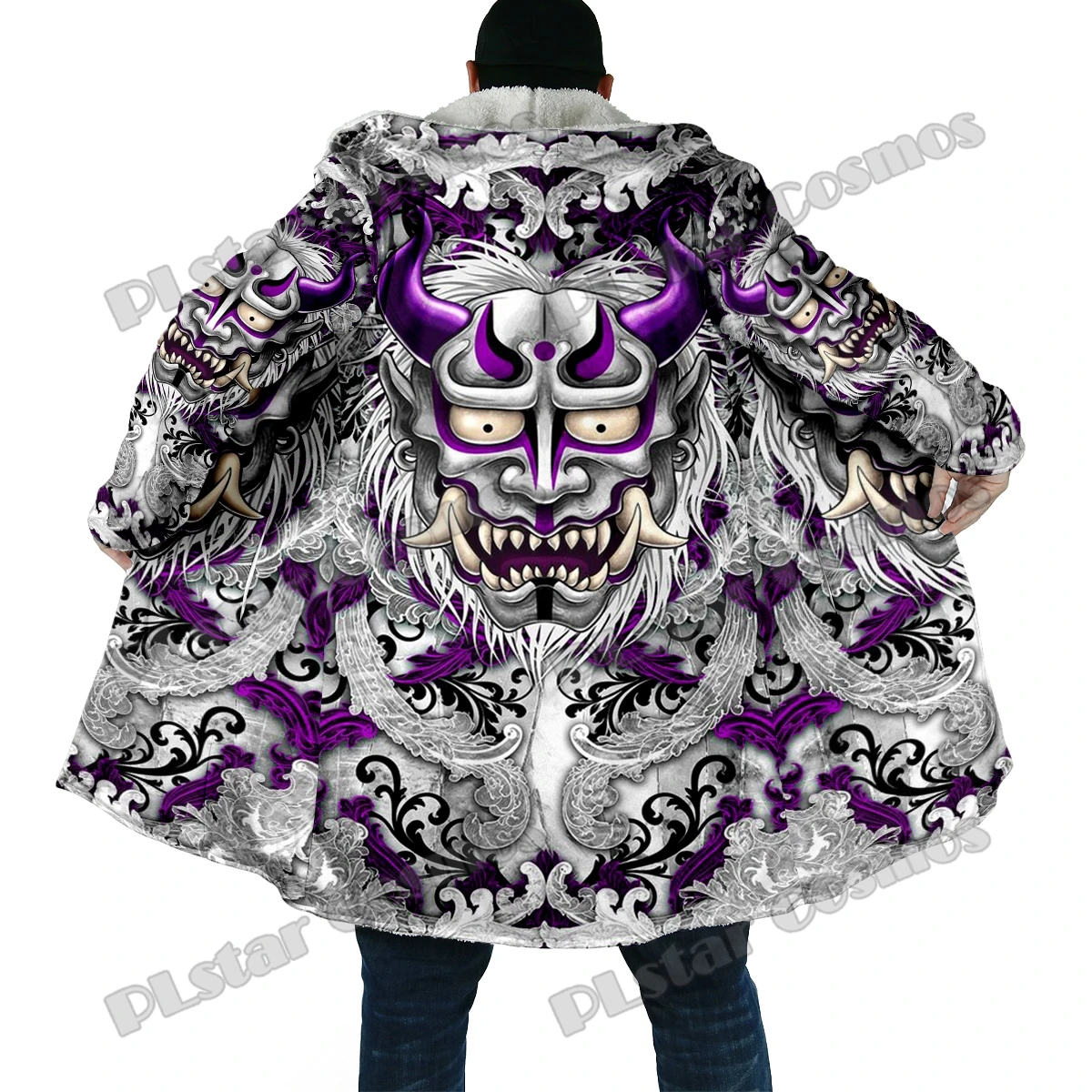 Capa de invierno a la moda para hombre, máscara samurái Oni, tatuaje, estampado 3D, capa gruesa de lana con capucha, capa cálida informal Unisex DP59 - imagen 2