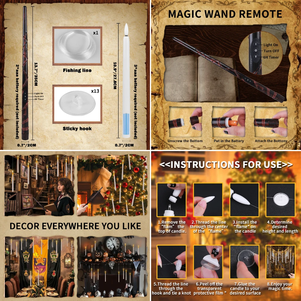 Velas electrónicas flotantes con varita mágica, velas colgantes remotas, candelabros cónicos LED parpadeantes sin llama, decoración de Halloween - imagen 3