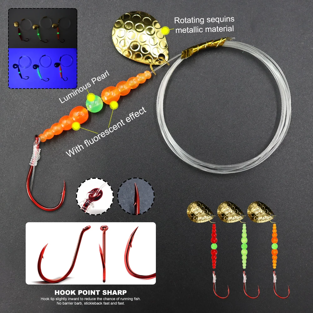 ZYZ-Kit de aparejos de pesca Walleye, 3 uds., aparejos de cebo de pesca preatados con anzuelos de pulpo rojo para agua salada, aparejos de cebo de curricán de agua dulce - imagen 3