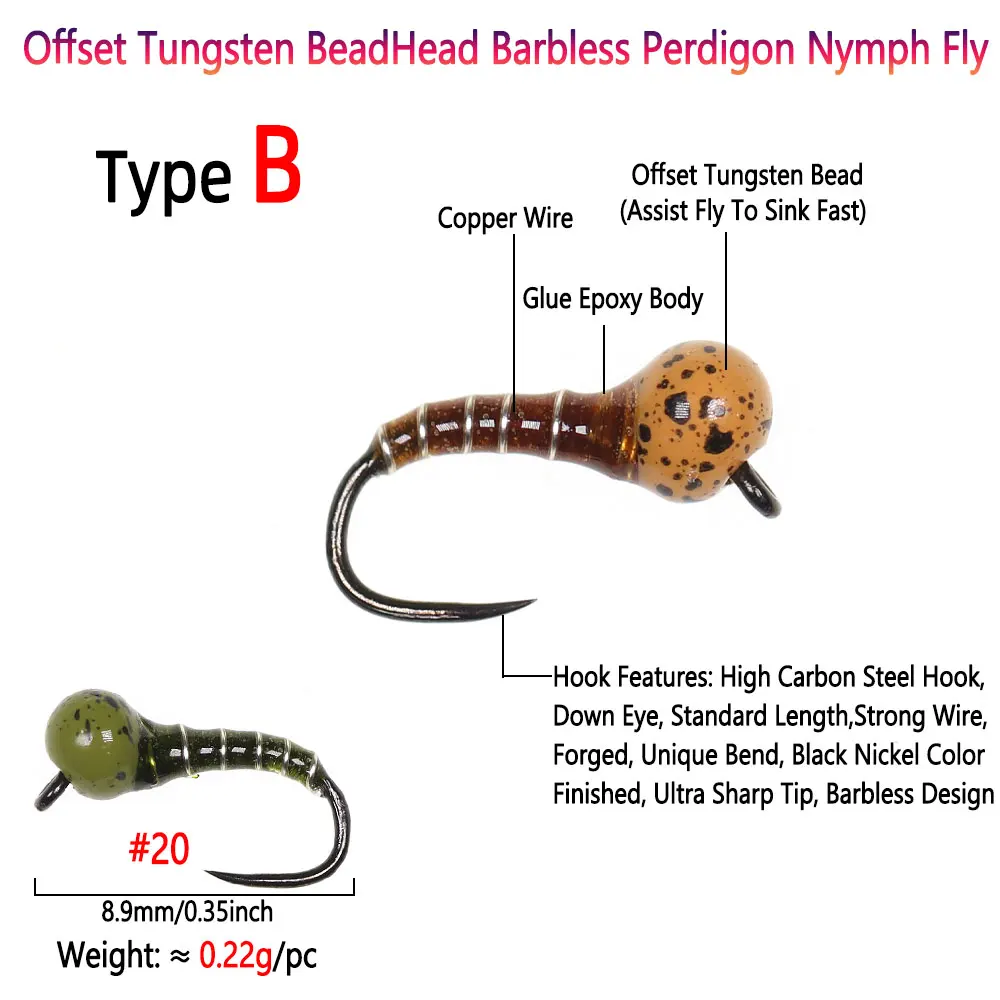 Bimoo 6PCS # Señuelo de pesca de trucha, cebo de insecto húmedo de hundimiento rápido, cabeza de cuentas de tungsteno compensada o UV, sin púas, Perdigon Ninfa, 20 - imagen 4