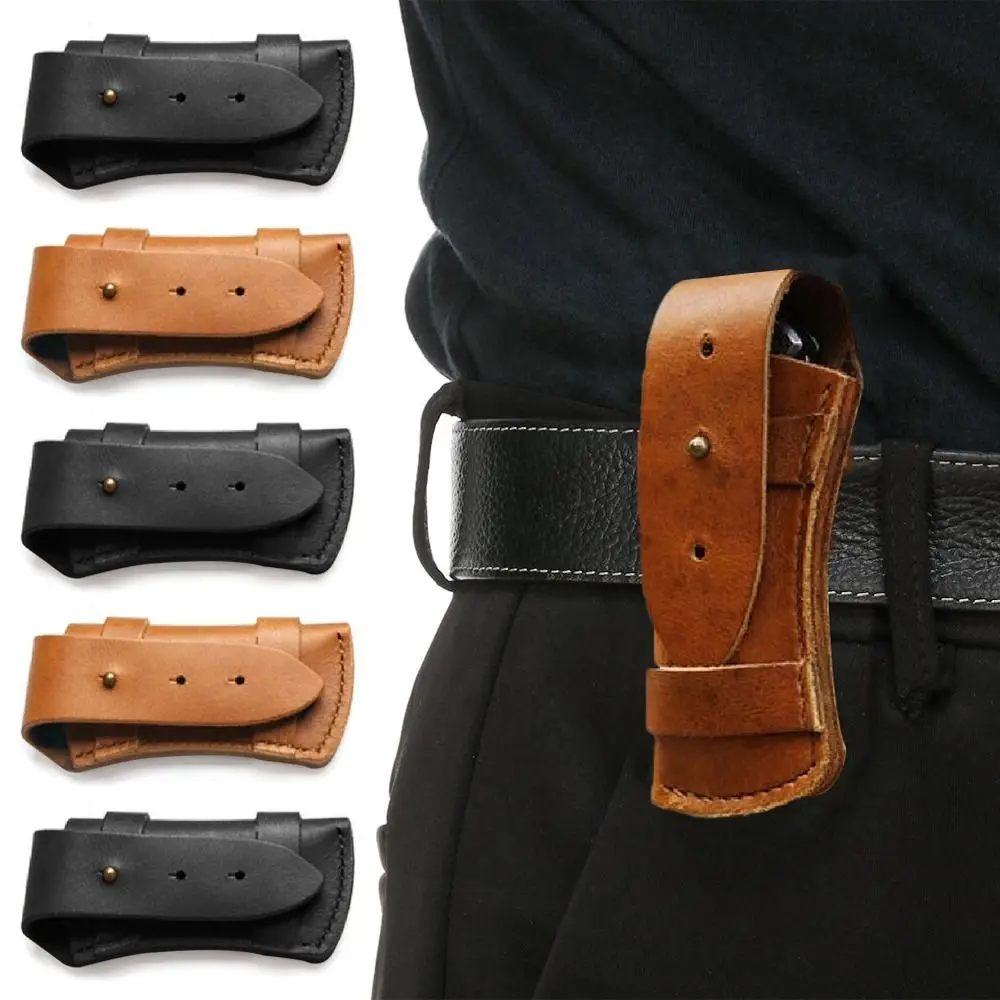 Funda de cuero para cuchillo, soporte para cinturón, funda para linterna de caza de bolsillo marrón/negro, herramienta plegable para cuchillo, para llevar al aire libre - imagen 4