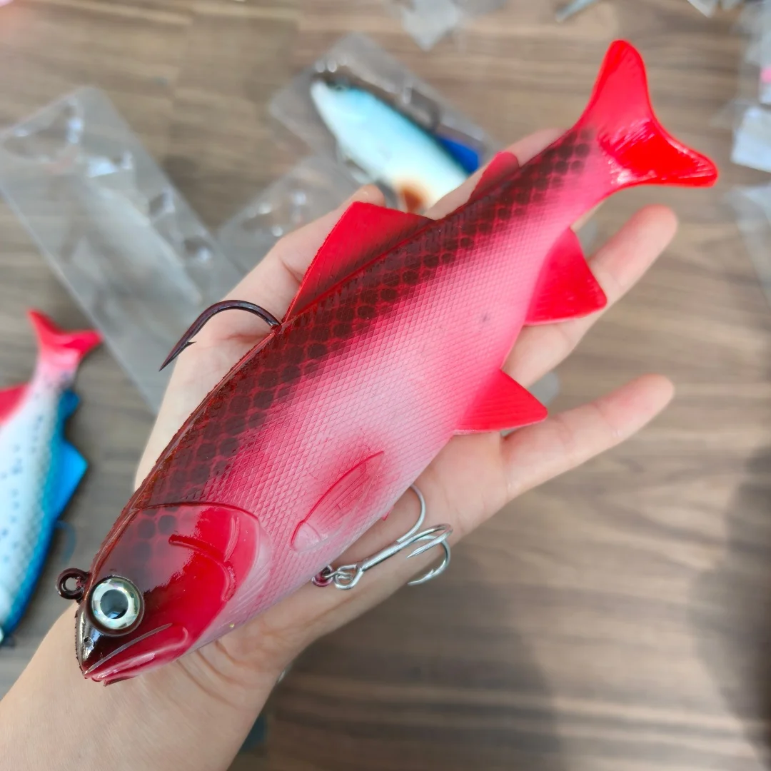 7 Uds 20cm 130g cabeza de plomo PVC Señuelos de Pesca blandos cebos artificiales de natación cola en T cebo suave de silicona Swimbait Wobblers con gancho - imagen 3