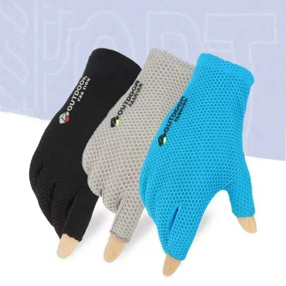 Guantes de malla de seda de hielo para hombre, protección solar de dos dedos, Anti-UV, antideslizantes, para exteriores