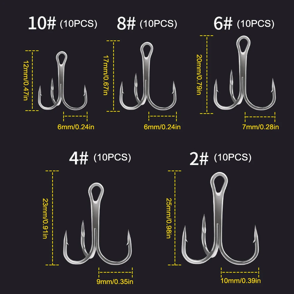 Anzuelos triples de pesca, Material de acero al carbono, agudos negros, púas, lubina de agua salada con caja de almacenamiento, 50 piezas, 2-10 # - imagen 5