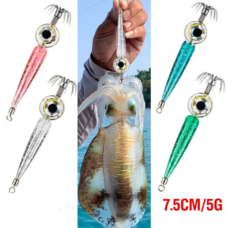 Señuelos de pesca 5g 7,5 cm anzuelo de calamar con luz LED plantilla de calamar señuelo calamar luminoso Webfoot pulpo Egi cebo sepia herramienta de mar - imagen 5