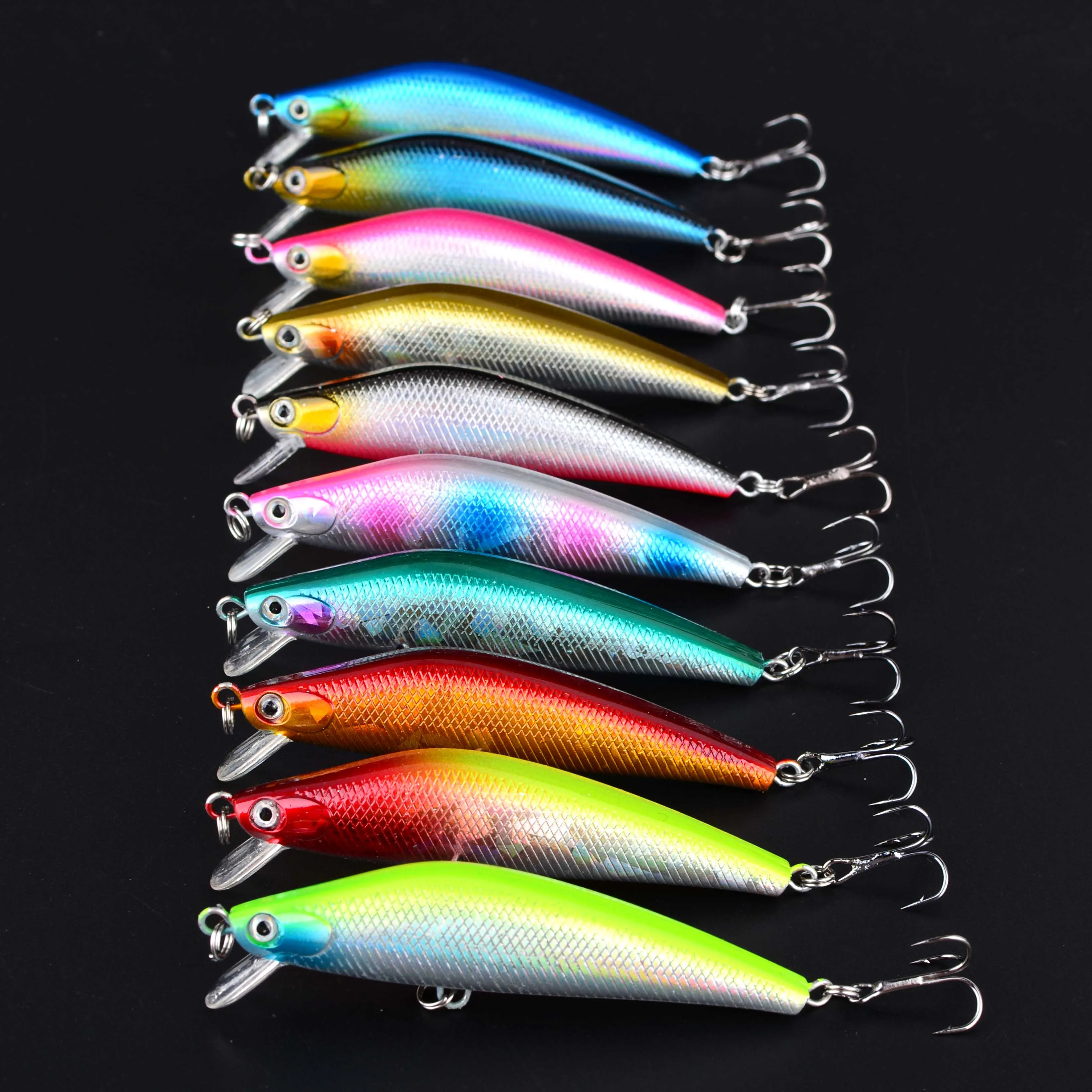10 Uds Minnow señuelo de Pesca lubina cebo duro Artificial Crankbait ojos 3D cebos de plástico Wobbler aparejos de Pesca Pesca