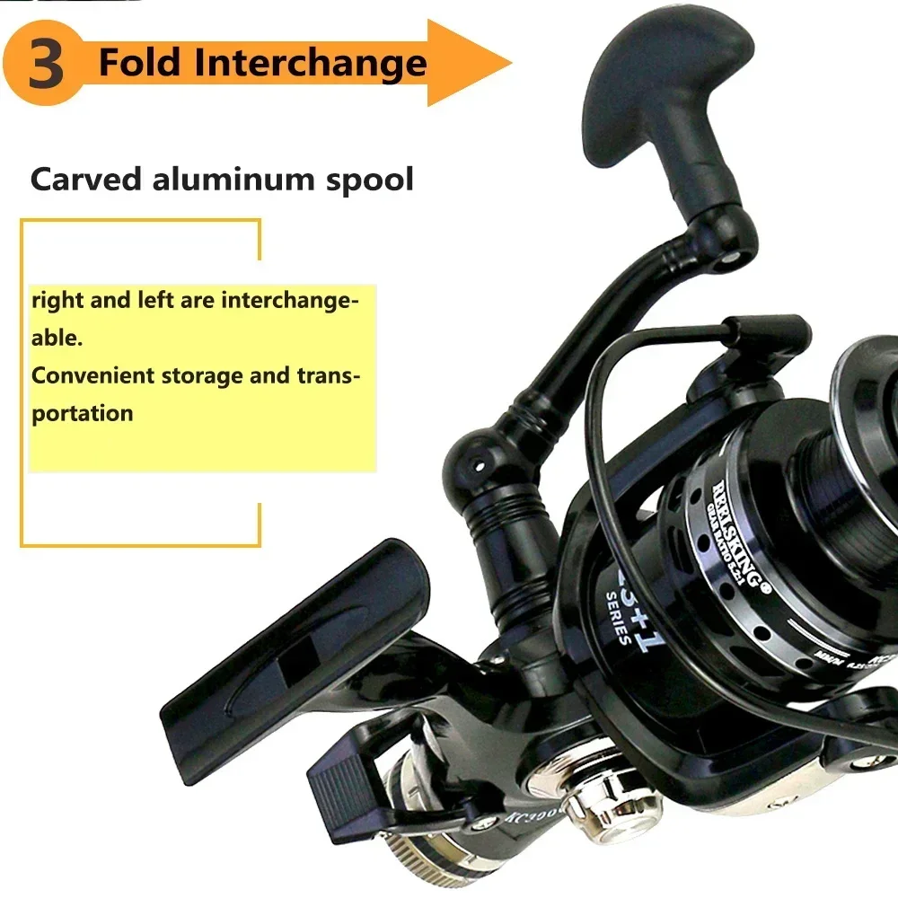 Un carrete de pesca negro y plateado con un intercambio de pliegue