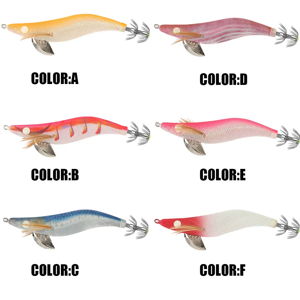 Una fila de seis señuelos de pescado de color diferente