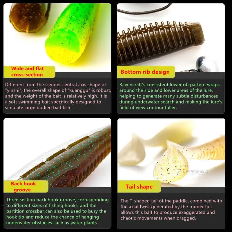 Ravencraft Kuanggu-señuelo suave de silicona con forma de gusano, señuelo de pesca con cola de paleta de hundimiento lento, trajes de cebo falso Artificial de 3,7/4,2/4,7 pulgadas - imagen 3