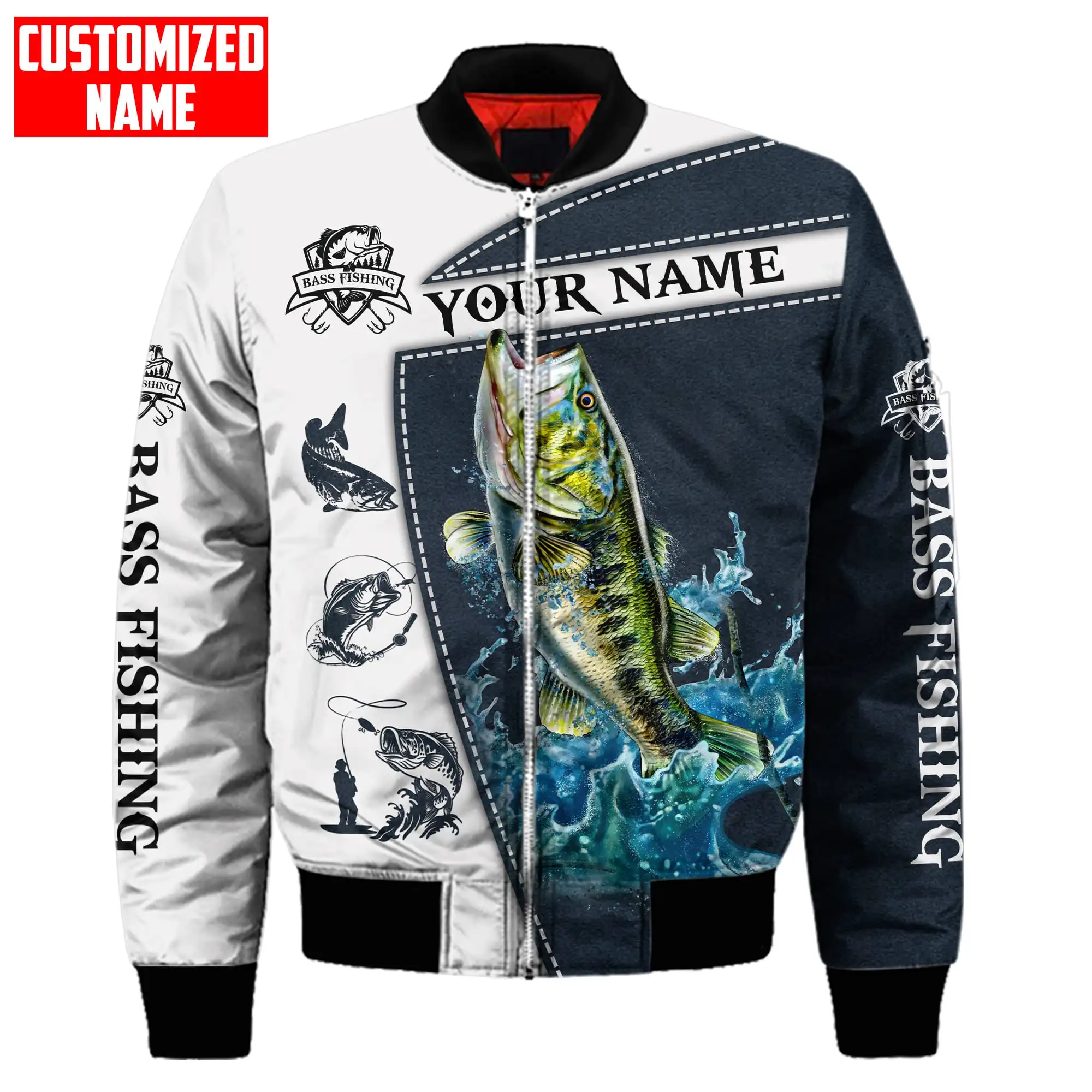 Chaqueta Bomber de invierno para hombre, pesca atún/marlin, nombre personalizado, estampado 3D, abrigo grueso con cremallera y bolsillo, chaqueta cálida informal Unisex con cremallera FX-03 - imagen 3