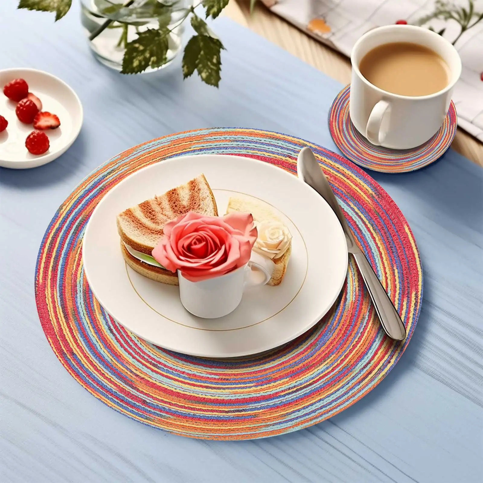 Juego de manteles individuales redondos tejidos de algodón, manteles individuales de ratán resistentes al calor, tapete para cuencos para mesa de comedor, posavasos de cocina, decoración - imagen 4