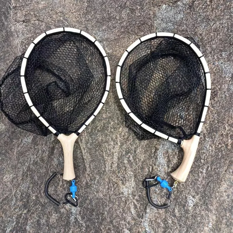 Red de pesca con mosca de madera, mango de aterrizaje de nailon, malla para trucha, captura de peces, pala de liberación, redes con mango recto o doblado