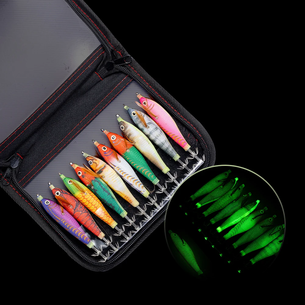 10 unids/set luminoso Horizontal calamar Jig madera camarones calamar gancho afilado señuelos pulpo sepia camarones cebos de agua salada - imagen 2