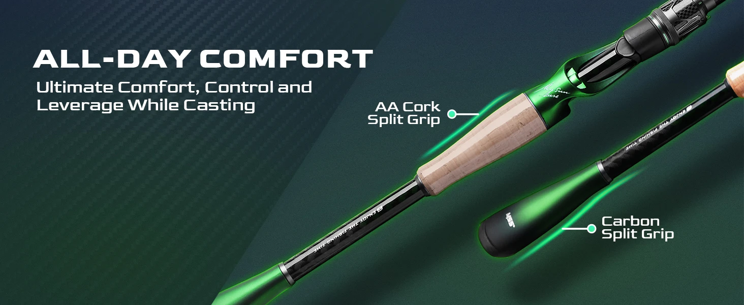 Un anuncio verde y blanco para una caña de pescar