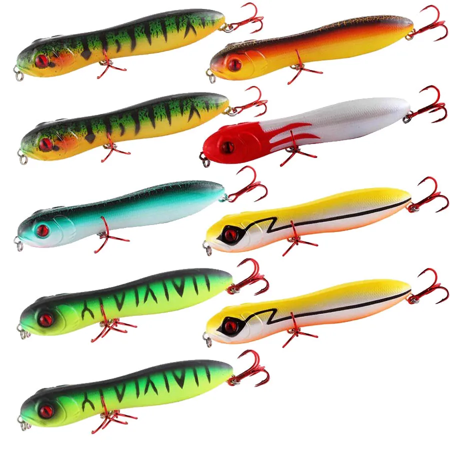 9 Uds cebo tipo lápiz con cabeza de serpiente 100mm 15g señuelo de pesca señuelo tipo lápiz flotante cebo duro lubina Pike Topwater ojos 3D Wobbler de plástico