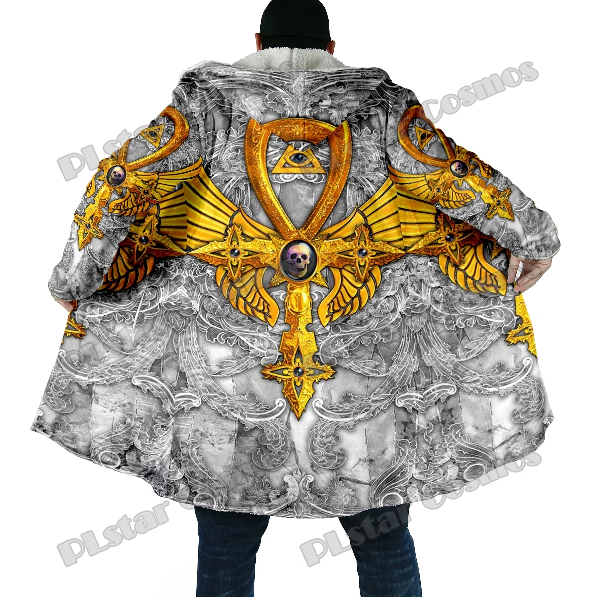 Capa de invierno a la moda para hombre, capa con capucha de lana gruesa con estampado 3D de Ankh y calavera del Antiguo Egipto, capa cálida informal Unisex DP37 - imagen 2
