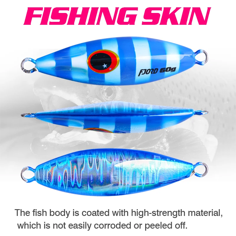 FJORD 40g 60g plantilla de Metal Señuelos de Pesca de Mar cebos duros falsos que brillan en la oscuridad con anzuelo asistente accesorios de pesca aparejos de equipo - imagen 5