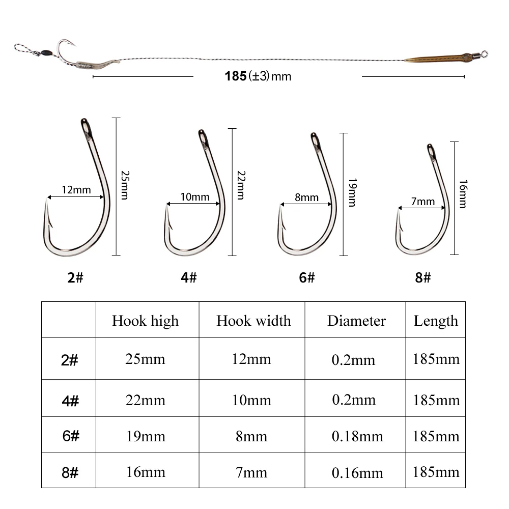 FTK 18,5 cm 6-8 Uds anzuelos de pesca de carpa líder aparejos de pelo con línea 30-60LB 2/4/6/8 #   Accesorios para anzuelos de carpa del grupo alimentador europeo - imagen 3