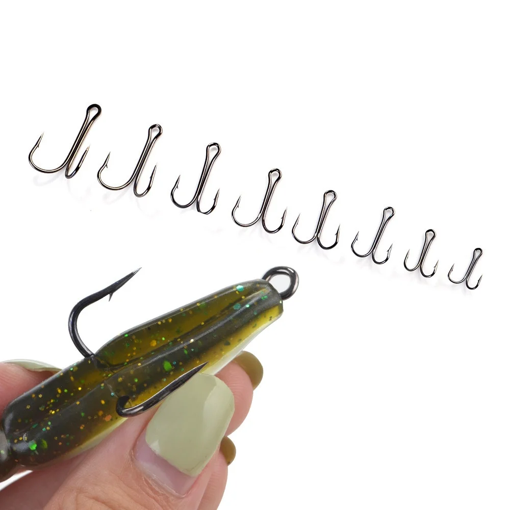 FTK 20 piezas anzuelos de pesca anzuelos dobles de acero rico en carbono 1/2/4/6/8 #   Anzuelos de pesca dobles, anzuelo de carpa con púas para señuelo de gusano suave - imagen 4