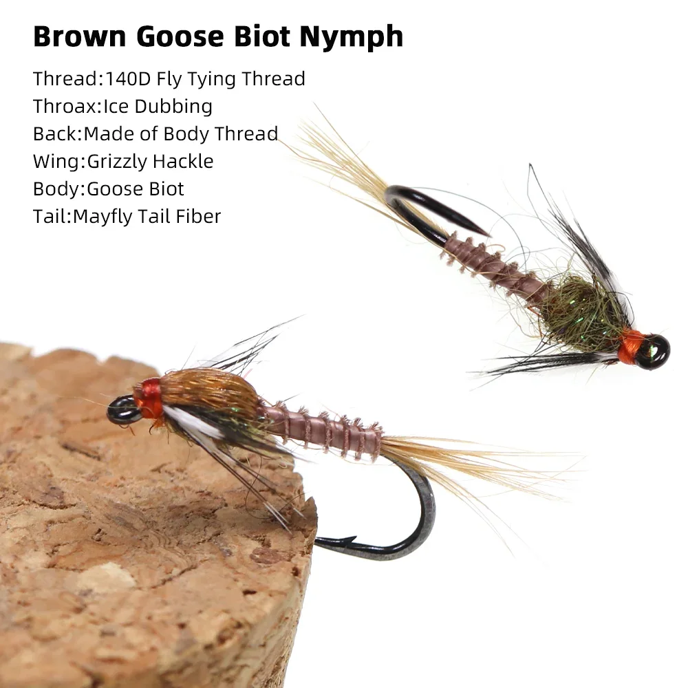 Wifreo 5 uds/10 Uds ganso marrón Biot ninfa Grizzly Hackle cebos de insectos artificiales gancho de atado de moscas con púas # 14 señuelos de pesca de trucha - imagen 2