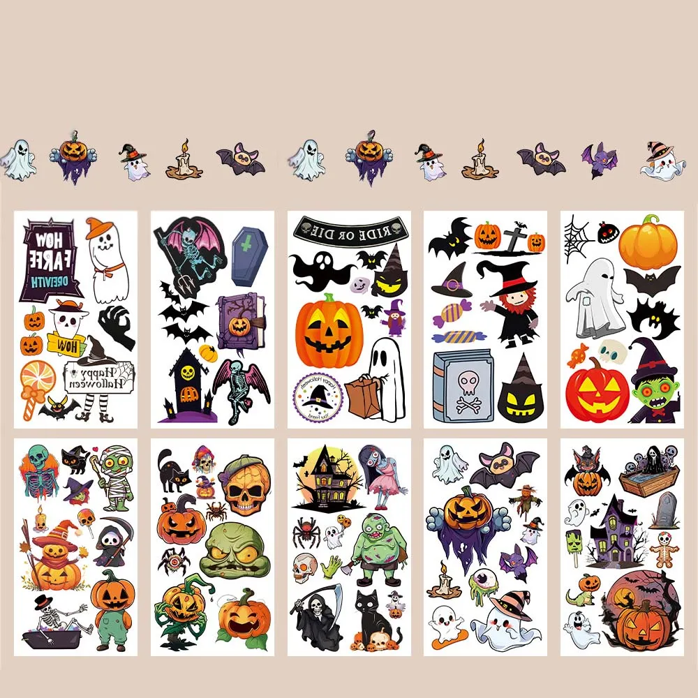 Pegatinas de tatuaje de Halloween para niños, tatuaje falso temporal, brazo, manos, cuerpo, juguete de regalo, 10 hojas - imagen 5