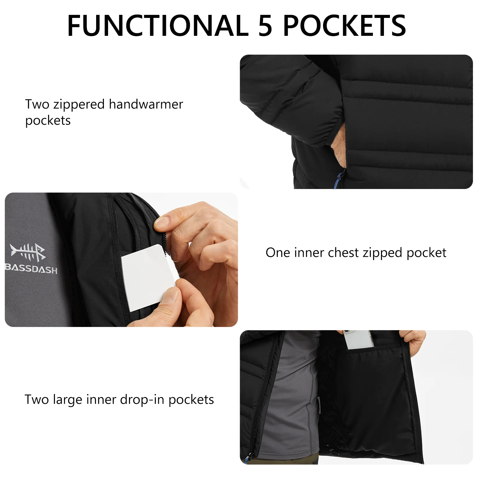 BASSDASH Chaqueta de plumón hinchada para hombre 700FP, abrigo cálido con aislamiento acolchado resistente al agua para caza, pesca, senderismo FS49M - imagen 5