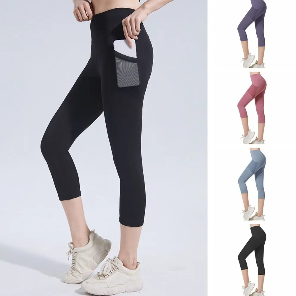 Pantalones cortos de Yoga hasta la pantorrilla para mujer, pantalones deportivos de secado rápido con bolsillo de malla, ropa deportiva, mallas deportivas de cintura alta para mujer - imagen 4
