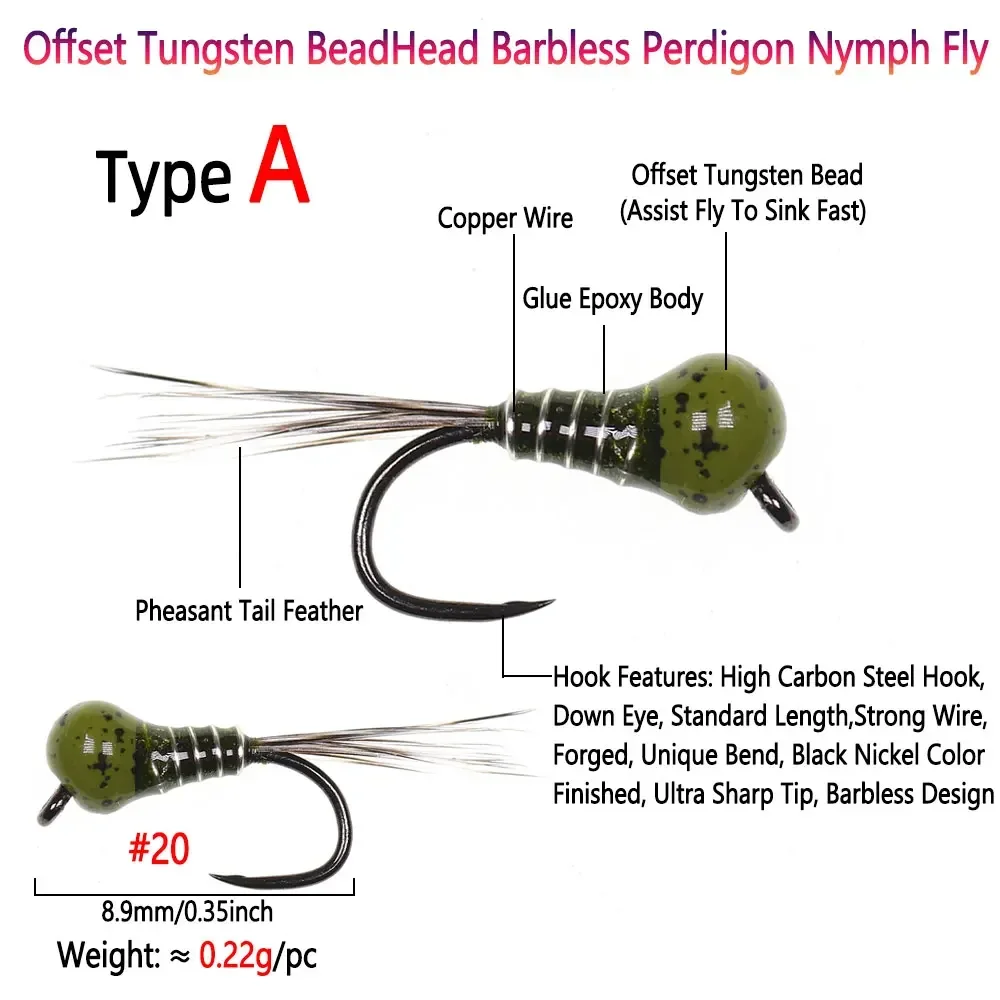 Bimoo 5PCS # 20 Offset cabeza de cuentas de tungsteno sin púas Perdigon Ninfa mosca hundimiento rápido Midge Ninfa para trucha Bluegill señuelo de pesca - imagen 3