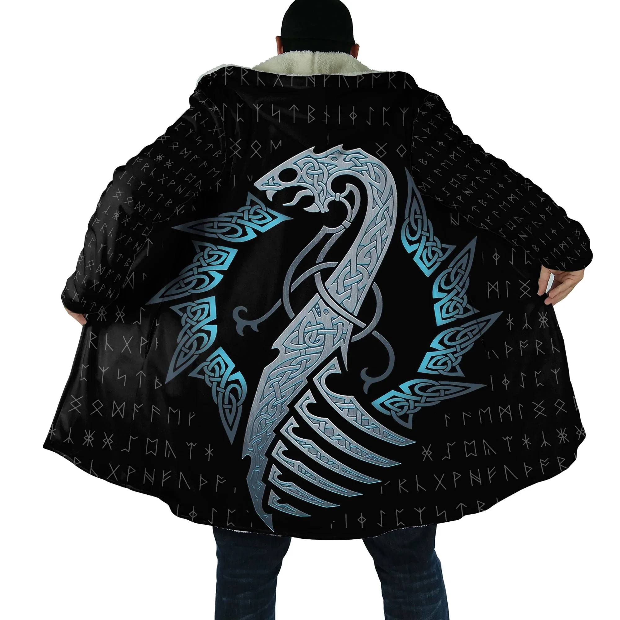 Capa de moda de invierno para hombre Fenrir Vegvisir Runes Raven Tattoo estampado 3D abrigo con capucha de lana gruesa Unisex Casual capa cálida DP24 - imagen 5