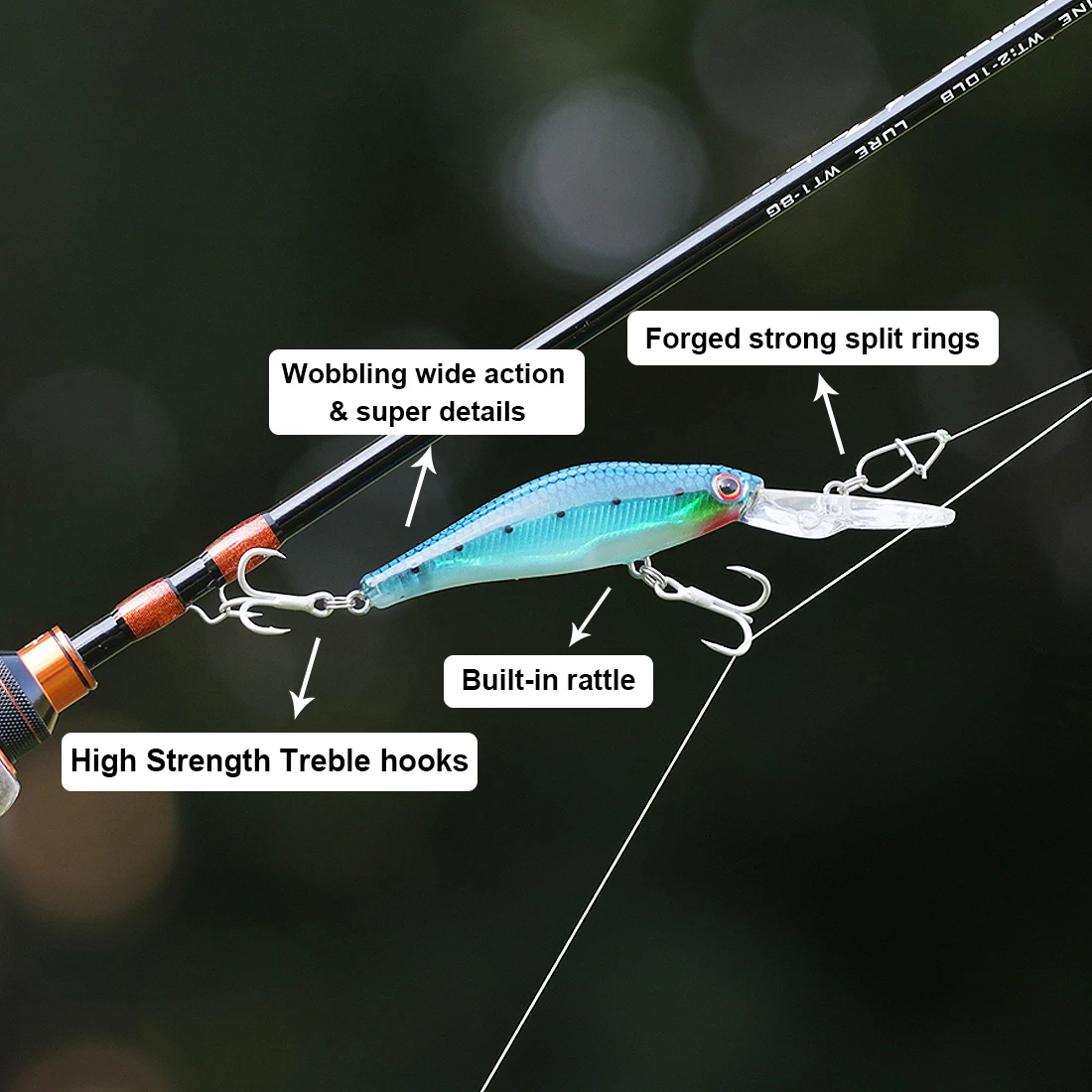 Señuelos Minnow de 9KM, 9cm, 7,3g, señuelo duro de buceo, señuelos hundidos de lubina con anzuelos triples - imagen 3