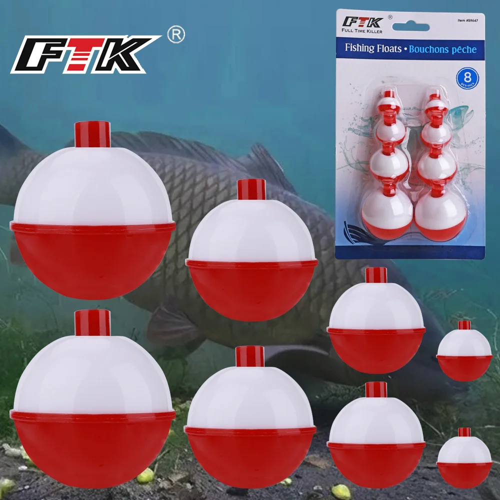 FTK 8 unids/set Bobbers de pesca ABS duro rojo/blanco mezcla de tamaños Slip Bobbers botón de empuje boya redonda flotadores accesorios de aparejos de pesca - imagen 5