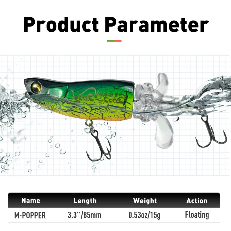 LEYDUN-Nuevos Señuelos de Pesca m-popper, cebos duros de agua superior, Plopper Whopper, cola giratoria suave, 85mm, 15g, Wobblers Popper para Lucio - imagen 3