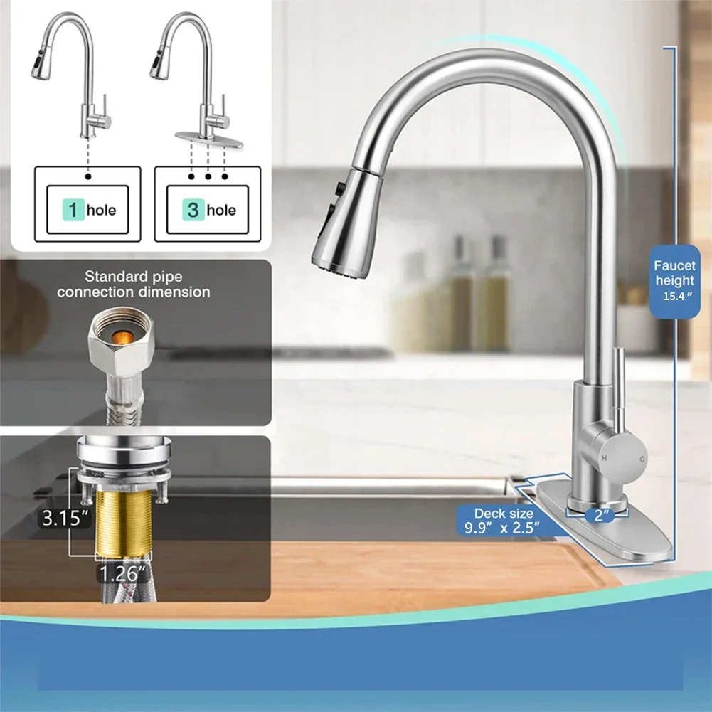 Grifo de cocina de un solo mango con rociador desplegable, grifos de fregadero de acero inoxidable 304 para granja, Camper, lavandería, Bar Rv - imagen 3